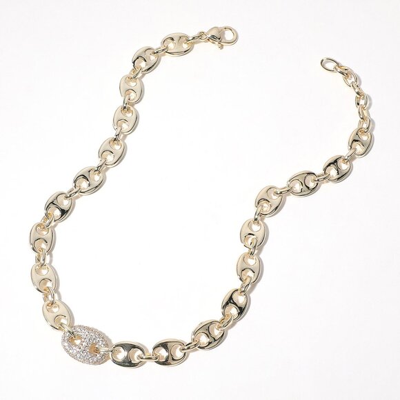 14K Gold Plated CZ Stone Pave Mariner Link Pointed Chain Necklace - Picture 2 of 2